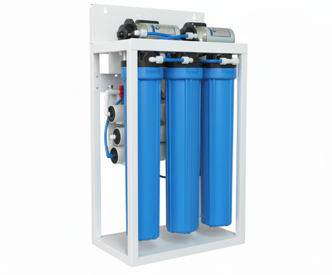 Commercial 3-stage RO water filter system with blue housings and white steel frame