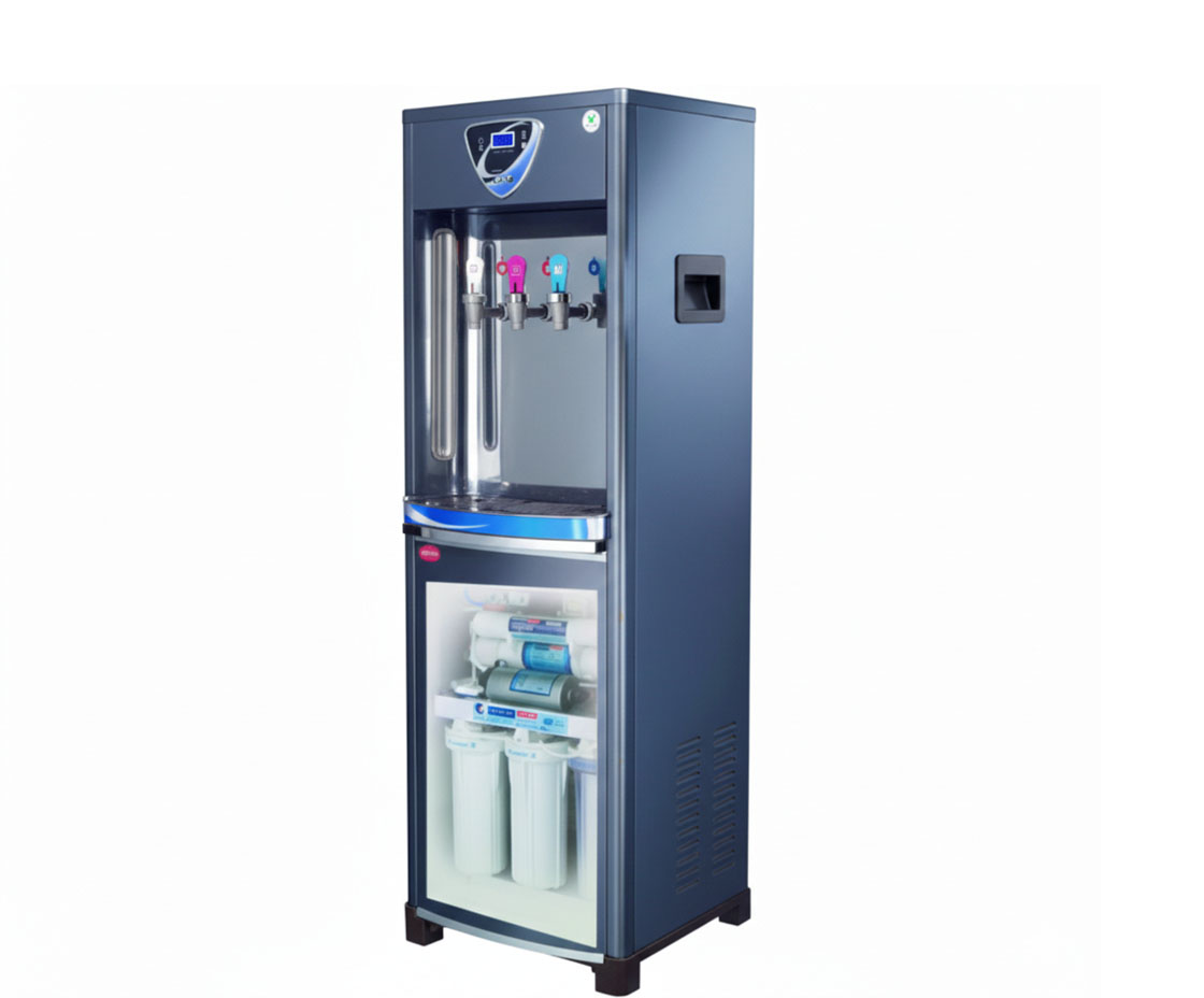 water dispenser Floor-standing blue and white RO water dispenser with 3 taps and visible filter compartment