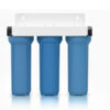 Blue 3-stage whole house water filter system with white mounting bracket